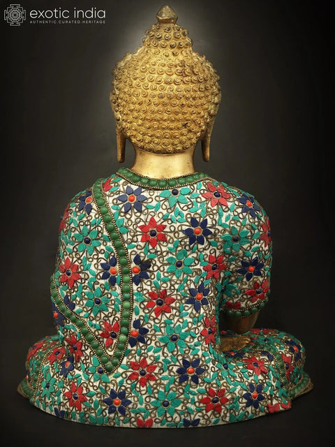 12" Shakyamuni Buddha With Floral Inlay Stone Work In Brass | Handmade | Made In India