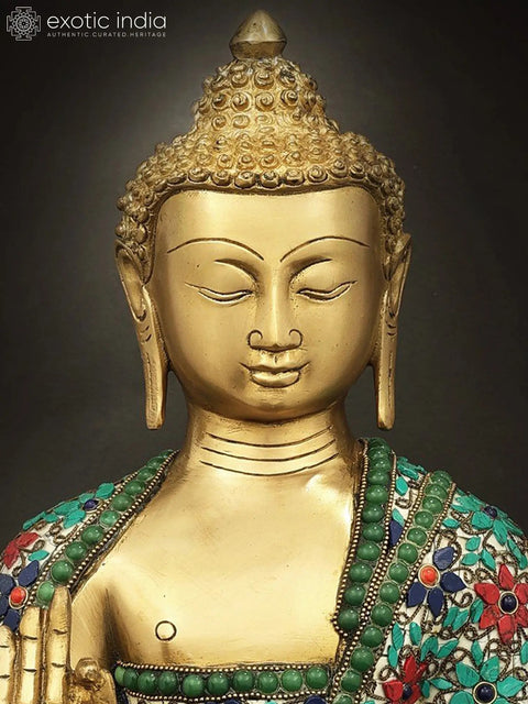 12" Shakyamuni Buddha With Floral Inlay Stone Work In Brass | Handmade | Made In India