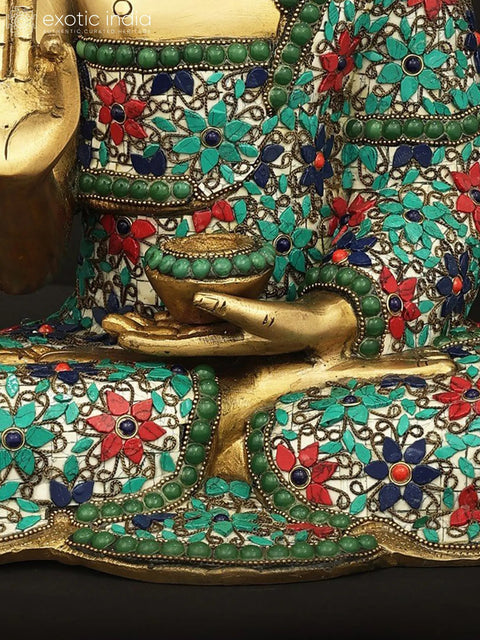12" Shakyamuni Buddha With Floral Inlay Stone Work In Brass | Handmade | Made In India