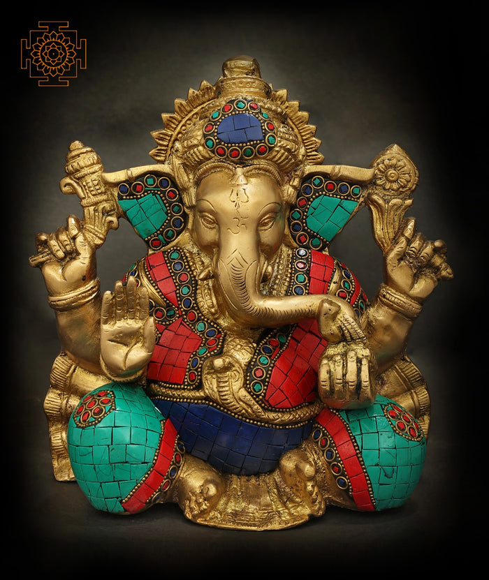 8" Four Armed Ganesha Brass Idol with Inlay Work