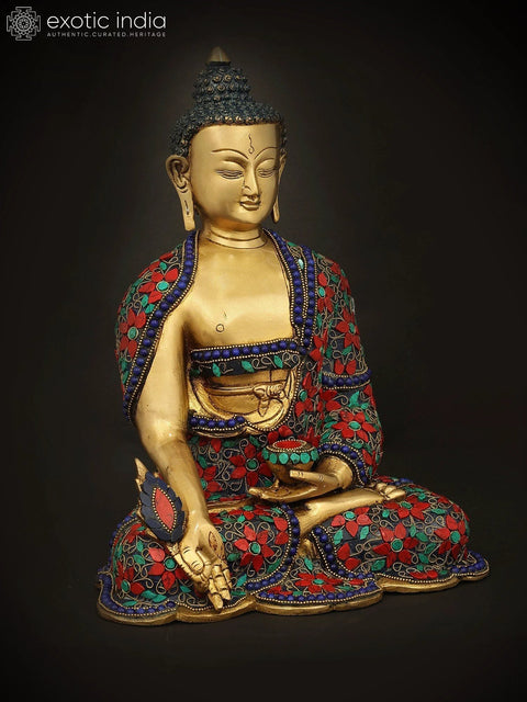 10" Medicine Lord Buddha in Dhyan Mudra With Inlay Work In Brass | Handmade | Made In India