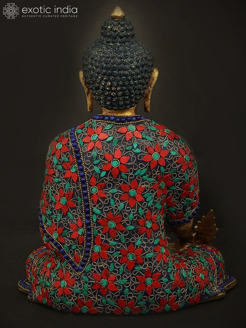 10" Medicine Lord Buddha in Dhyan Mudra With Inlay Work In Brass | Handmade | Made In India