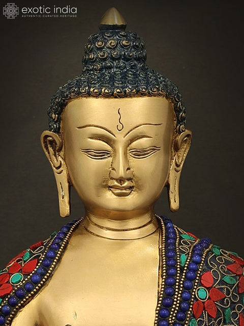 10" Medicine Lord Buddha in Dhyan Mudra With Inlay Work In Brass | Handmade | Made In India
