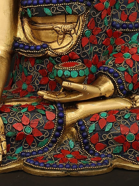 10" Medicine Lord Buddha in Dhyan Mudra With Inlay Work In Brass | Handmade | Made In India