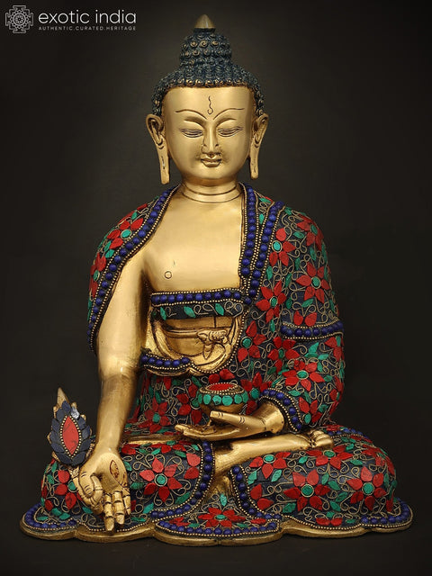 10" Medicine Lord Buddha in Dhyan Mudra With Inlay Work In Brass | Handmade | Made In India