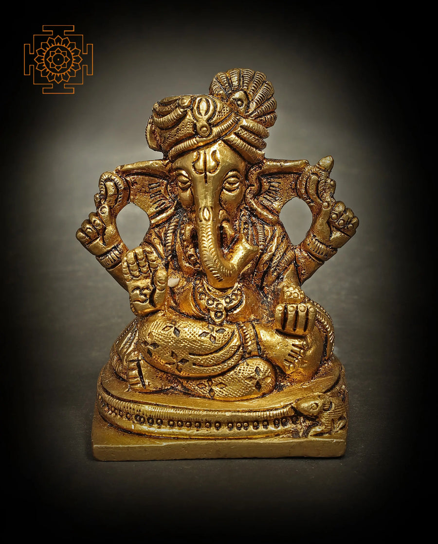 Seated Lord Ganesha Brass Statue with Turban - Handmade