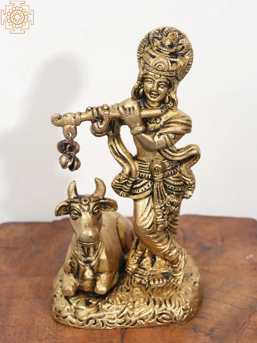 5" Lord Krishna Brass Statue Playing Flute with Holy Cow