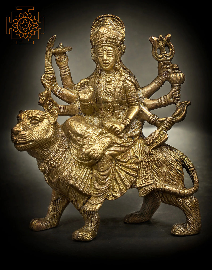 4" Brass Goddess Durga Statue on Lion Handmade Idol