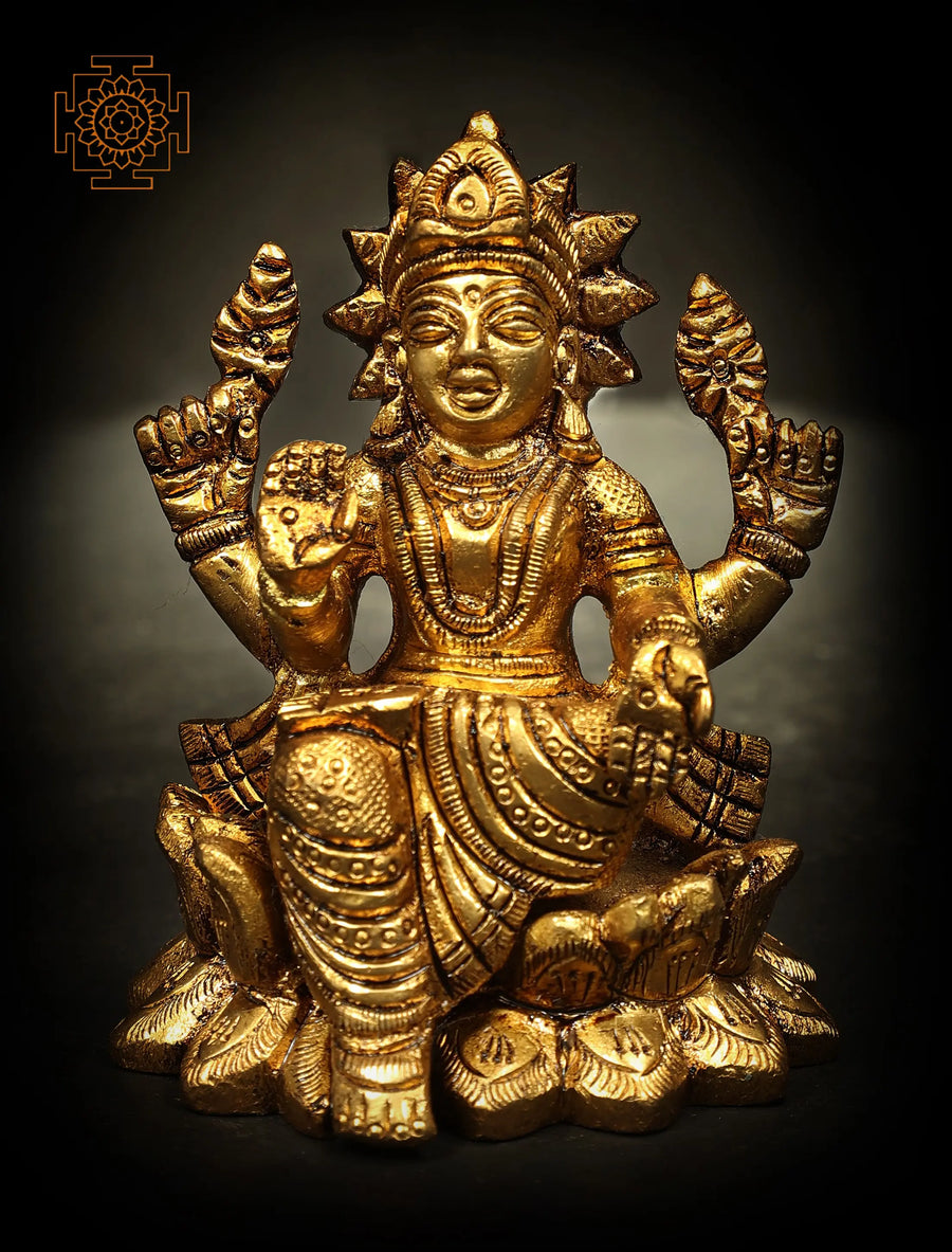 2" Four-Armed Lakshmi Brass Idol Seated on Lotus Flower