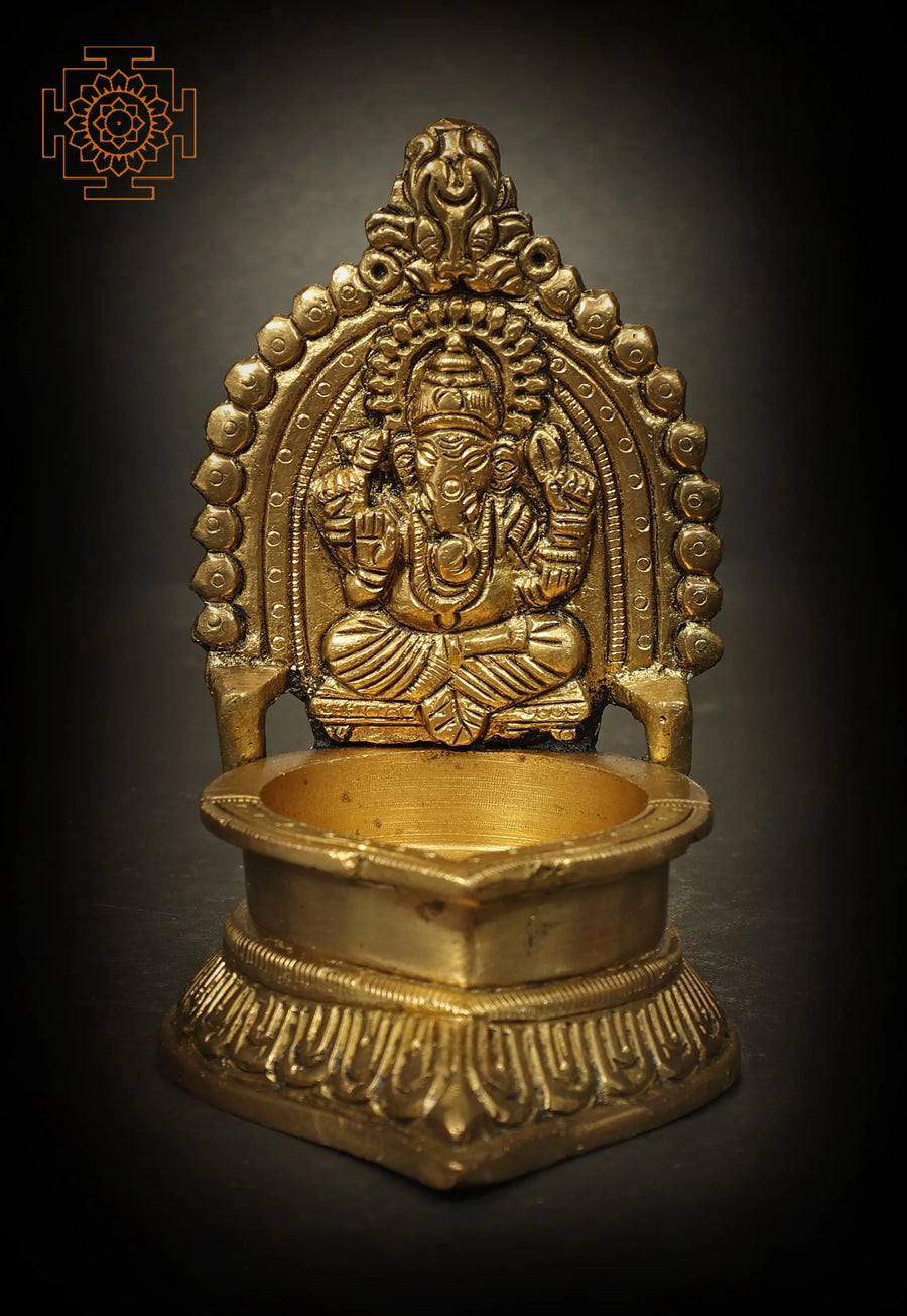 4" Lord Ganesha Brass Oil Lamp Handmade Statue