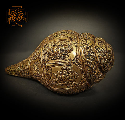 8" Brass Conch with Lord Ganesha Postures | Handmade | Made in India