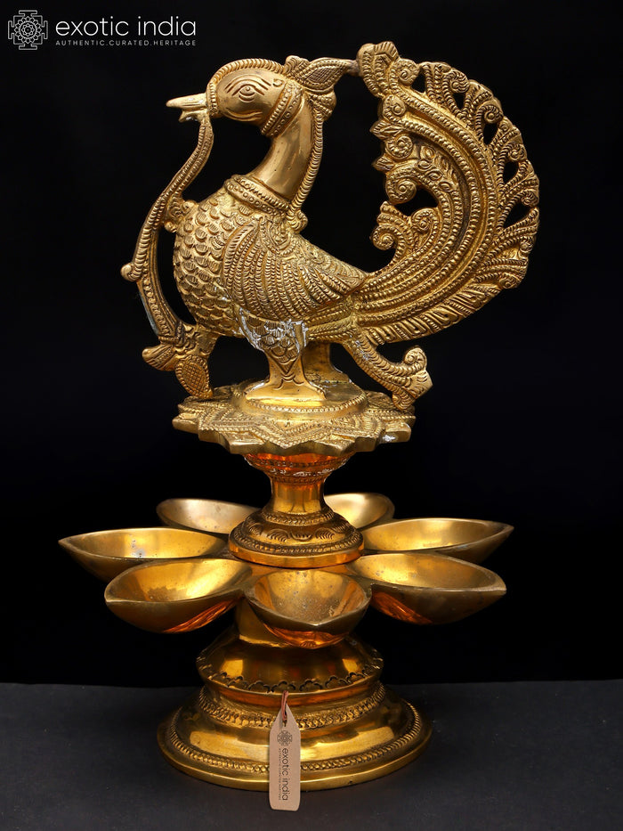 6" Peacock Brass Oil Lamp with Seven Wicks Handmade