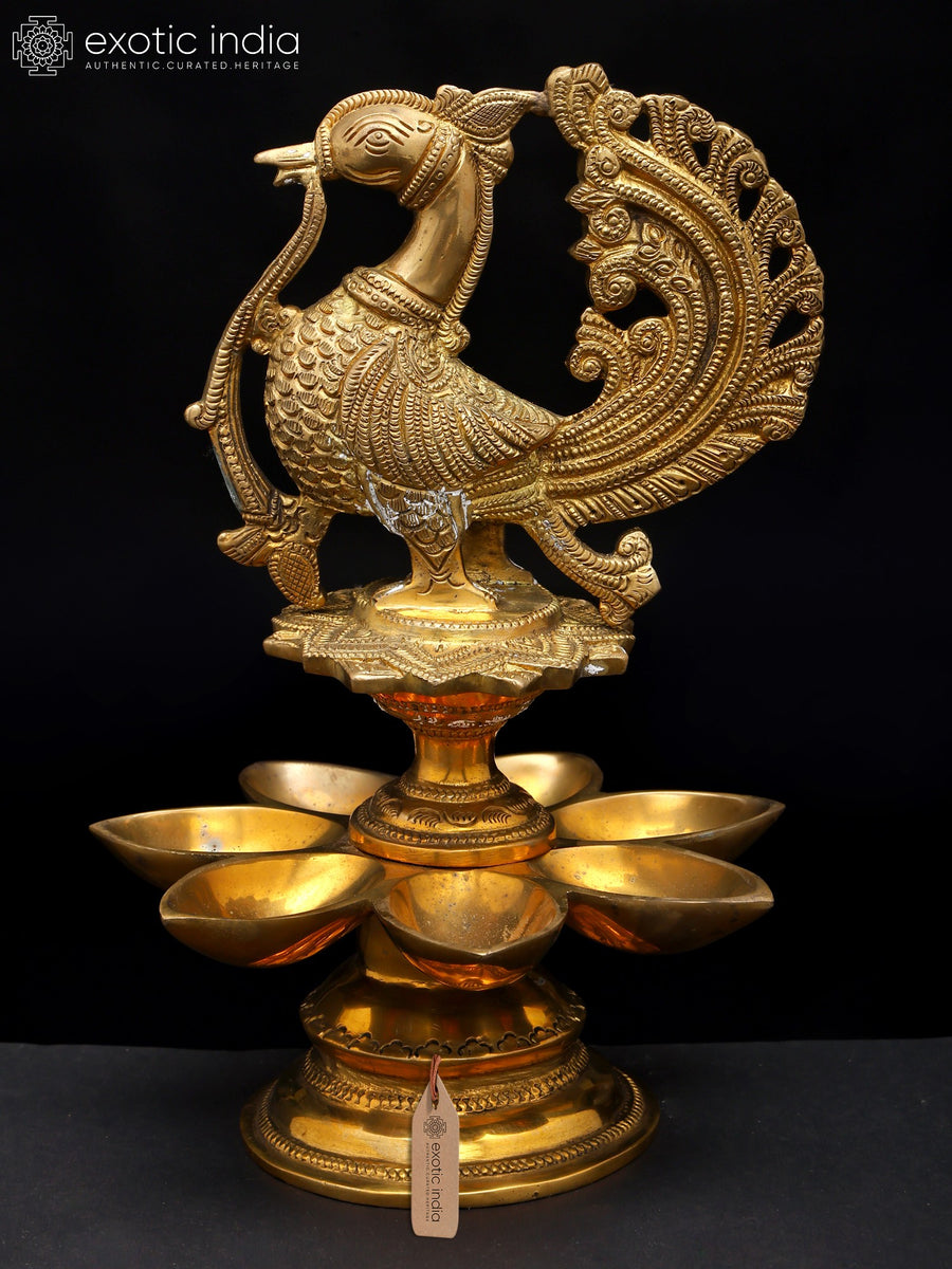 6" Peacock Brass Oil Lamp with Seven Wicks Handmade