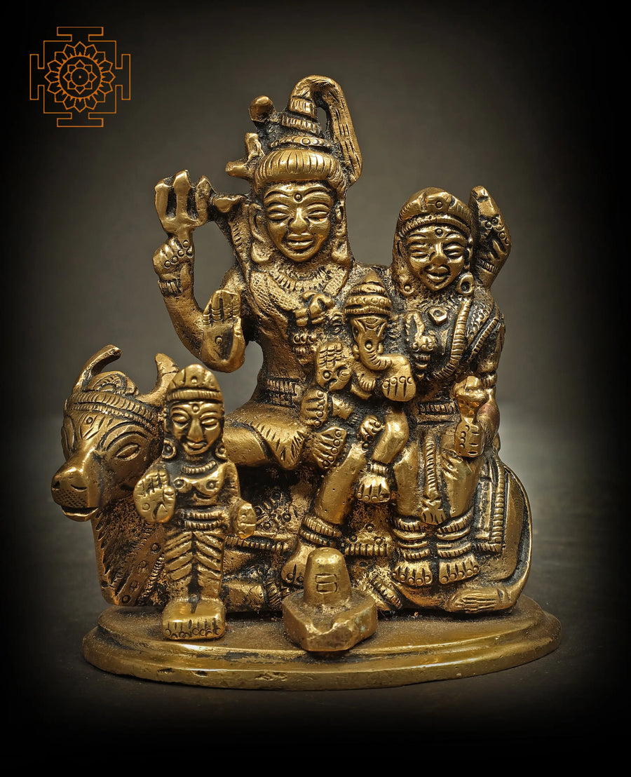 3" Brass Shiva Parivar Idol with Nandi and Shiva Linga Handmade