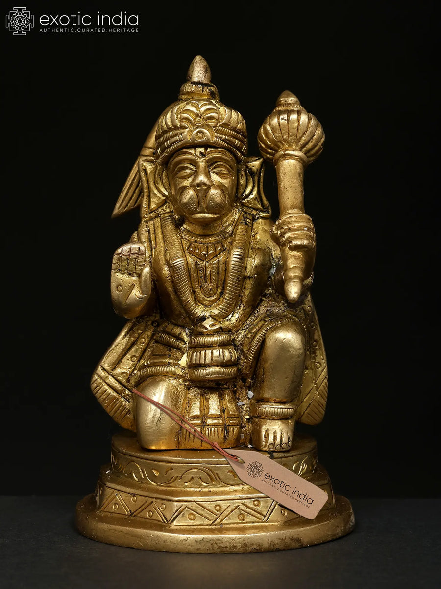 4" Seated Hanuman Brass Idol in Ashirwad Mudra Handmade