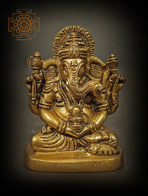 2" Small Ganesha in Shiva Sadhana Holding a Shiva Linga | Handmade Brass Statue