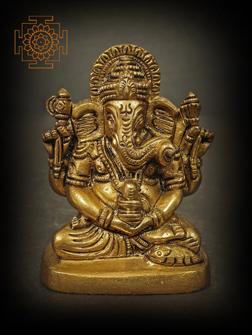2" Handmade Brass Ganesha Statue Holding Shiva Linga for Pooja