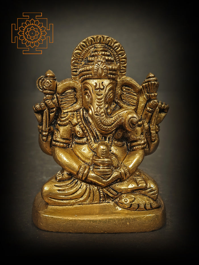 2" Handmade Brass Ganesha Statue Holding Shiva Linga for Pooja