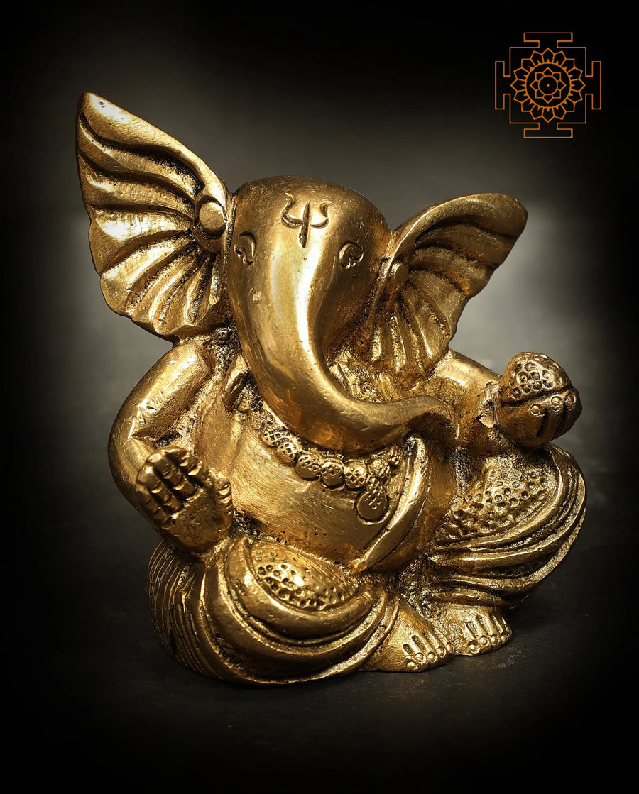 3" Small Ganesha Brass Statue Handmade with Stylized Trunk