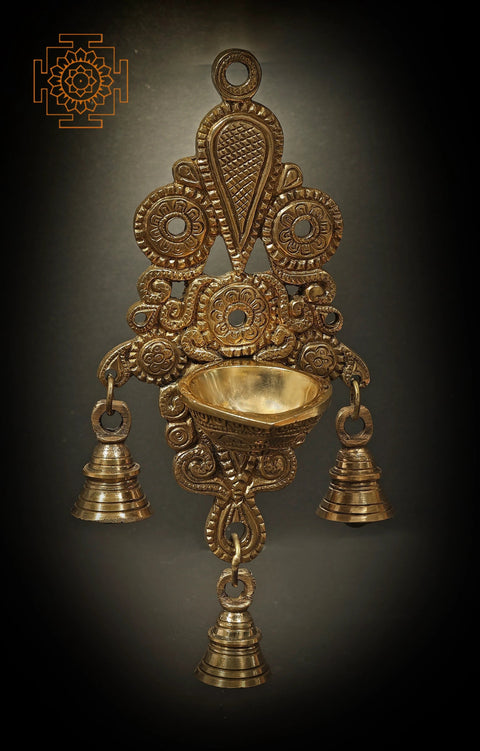 8" Wall Hanging Brass Diya with Bells | Indian Handicrafts Home Decor