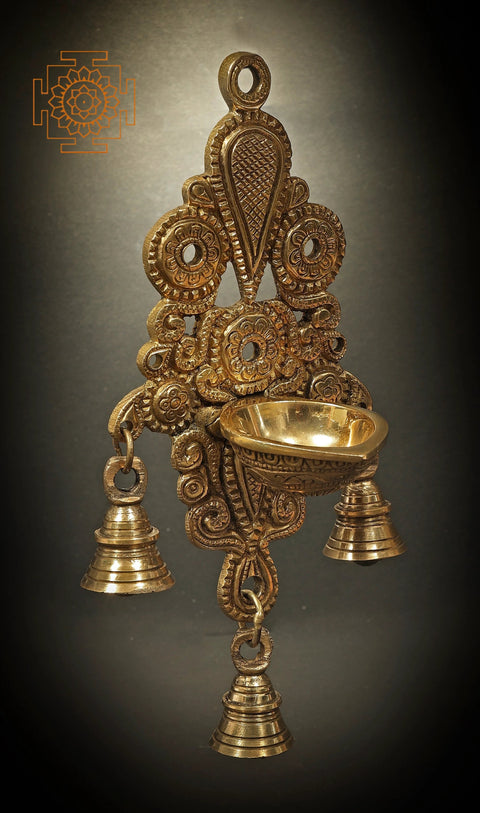 8" Wall Hanging Brass Diya with Bells | Indian Handicrafts Home Decor