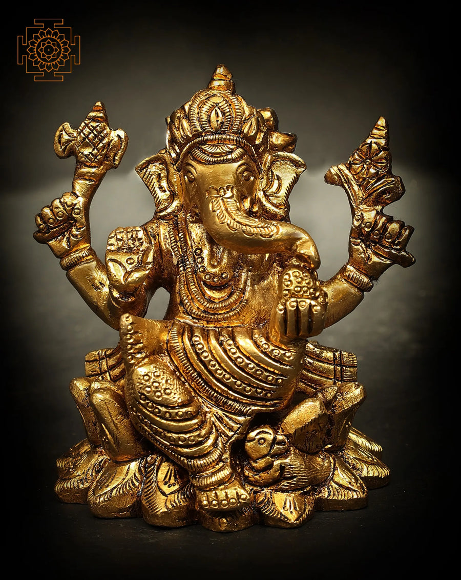 2" Small Ganesha Brass Statue Seated on Lotus Handmade