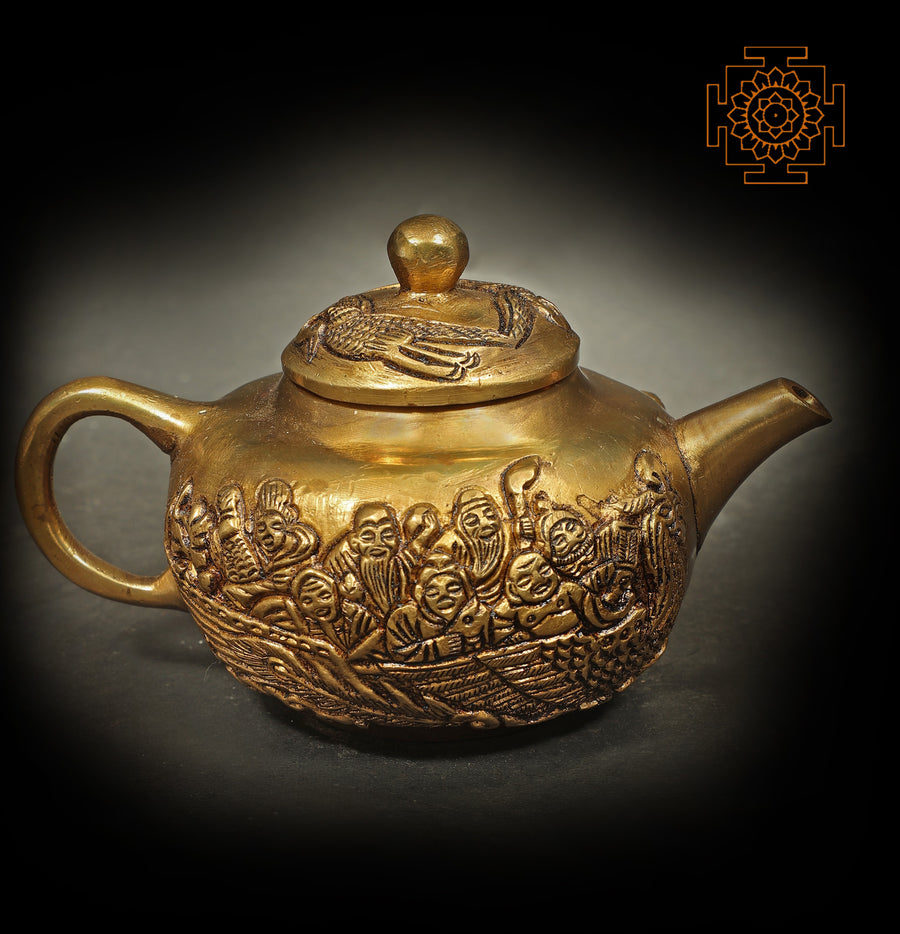 Small Brass Kettle with Human Figures Statue