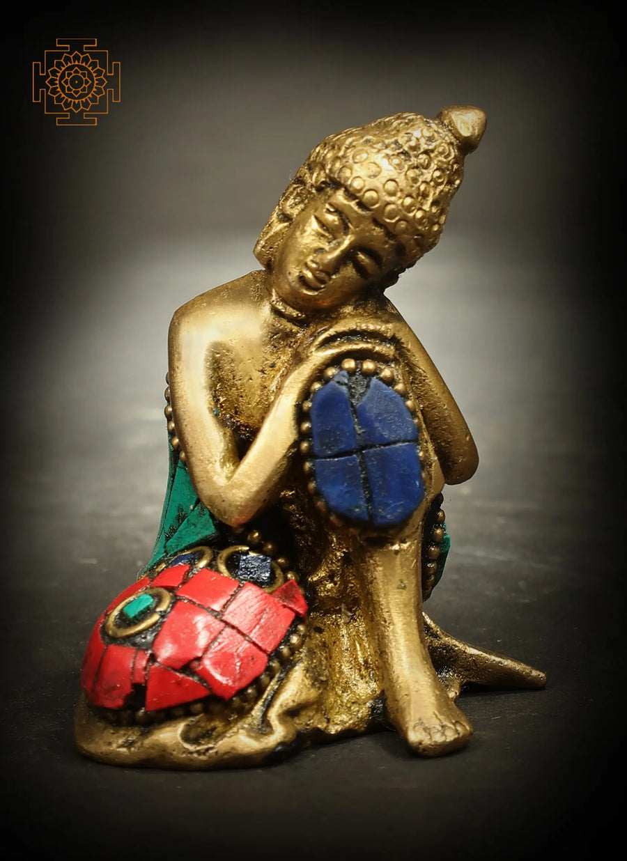 2" Thinking Buddha Brass Statue with Inlay Work Handmade