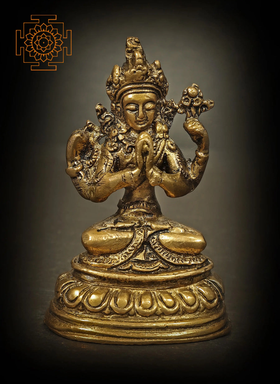 3" Chenrezig Brass Statue Handmade Shadakshari Lokeshvara Idol