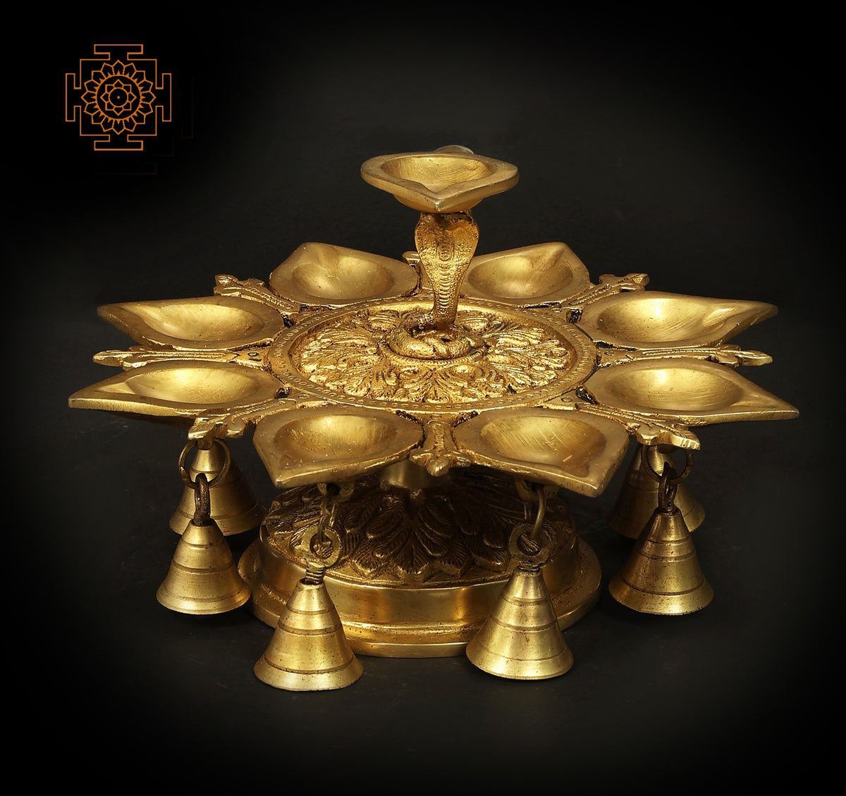 15" Large Nine Wick Arti with Bells with Serpent in Brass | Handmade | Made in India