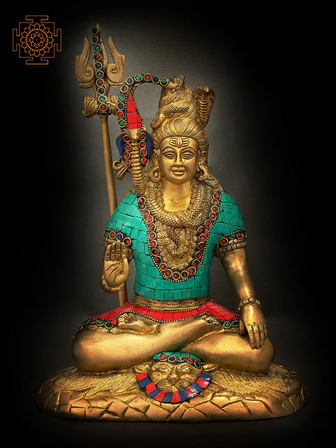 12" Shiva in Spiritual Bliss | Handmade Brass Statue with Inlay Stone Work