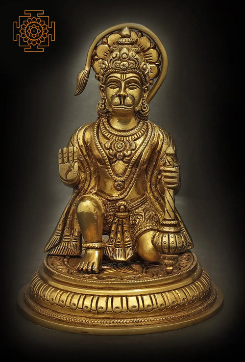 7" Handmade Lord Hanuman Seated Brass Statue Abhay Mudra