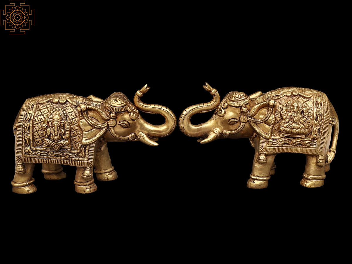 8" Auspicious Gaja Elephant Pair with Lakshmi Ganesha Figures in Brass | Handmade | Made in India