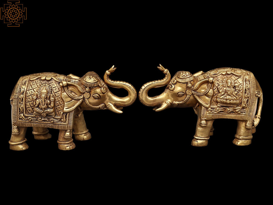 8" Brass Gaja Elephant Pair with Lakshmi Ganesha Statue Set for Pooja