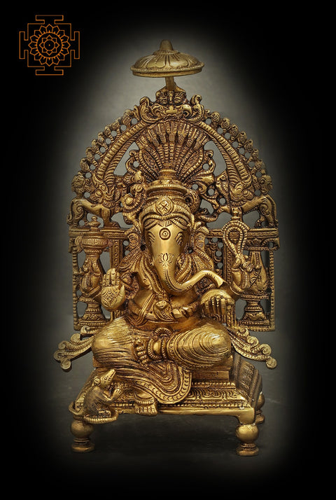 5" Auspicious Lord Ganesha Seated on Majestic Throne | Handmade Brass Statue | Made in India