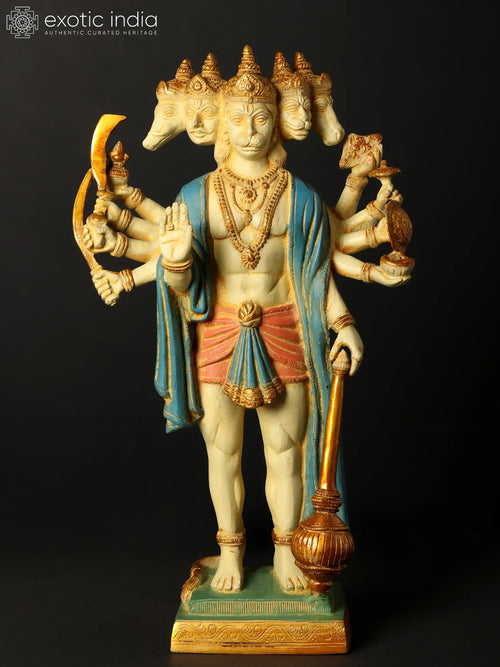 14" Handmade Brass Panchamukhi Hanuman Idol with Ten Arms