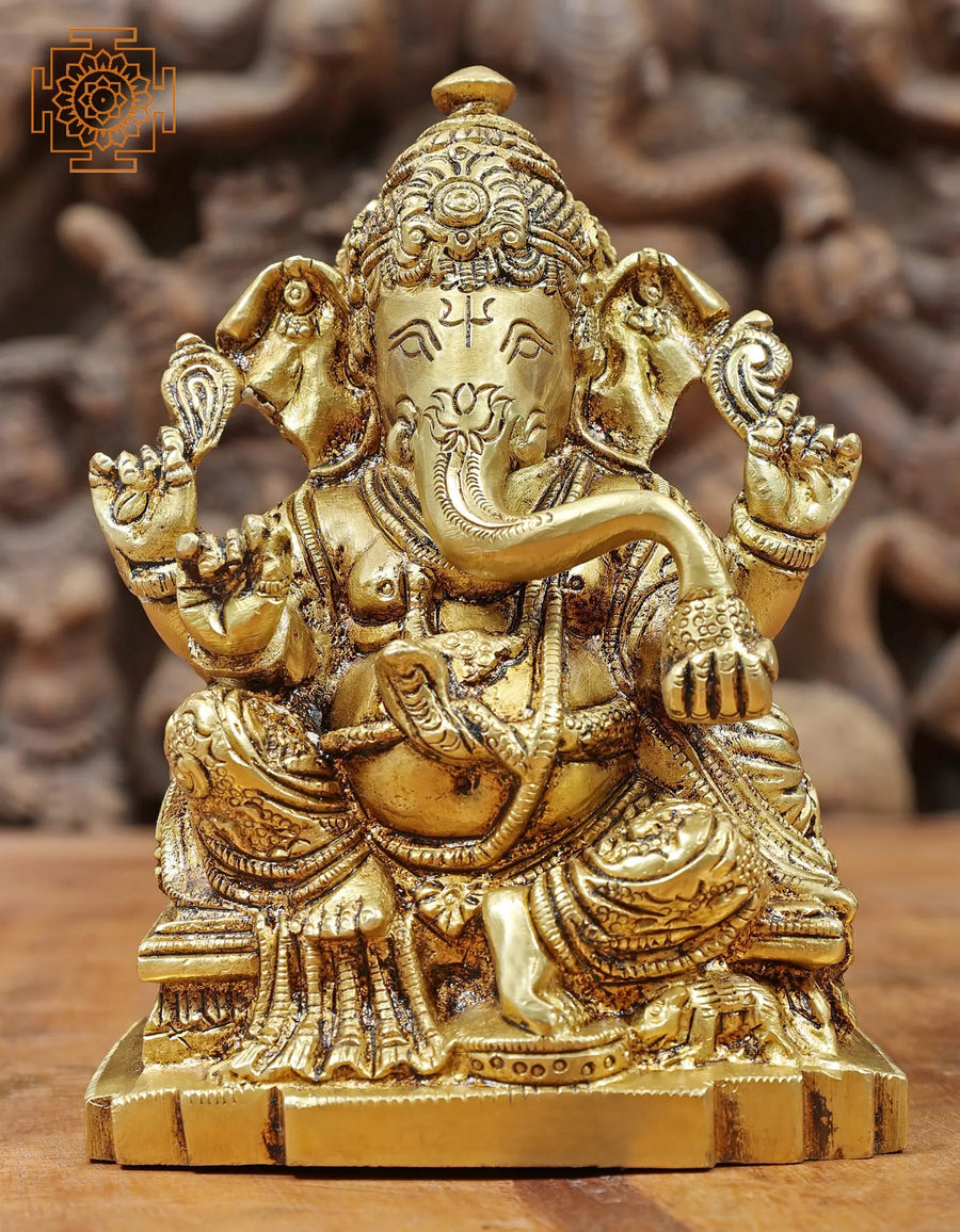 5" Handmade Ganesha Seated on Throne Brass Statue