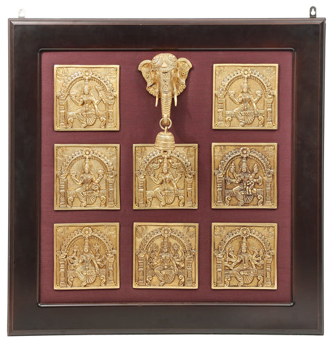 30" Discrete Ashtalakshmi Panel with Miniscule Ganesha-Head (Framed) in Brass