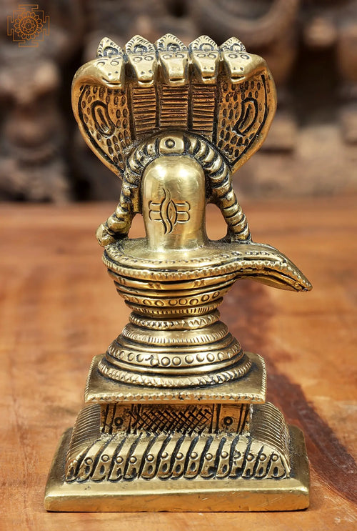 4" Shiva Linga with Five Hooded Serpent Brass Statue Handmade