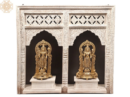 40" Standing Vishnu-Lakshmi Brass Statue with Wooden Wall-Hanging Temple