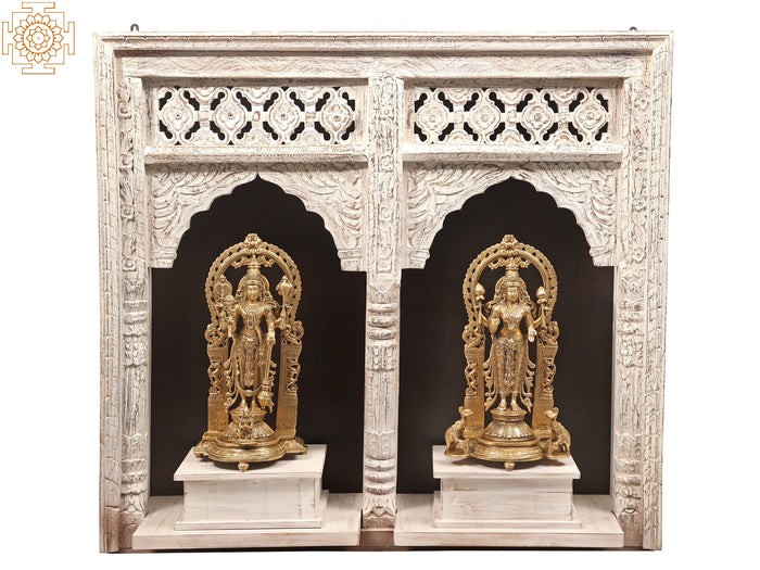 40" Standing Vishnu-Lakshmi Brass Statue with Wooden Wall-Hanging Temple
