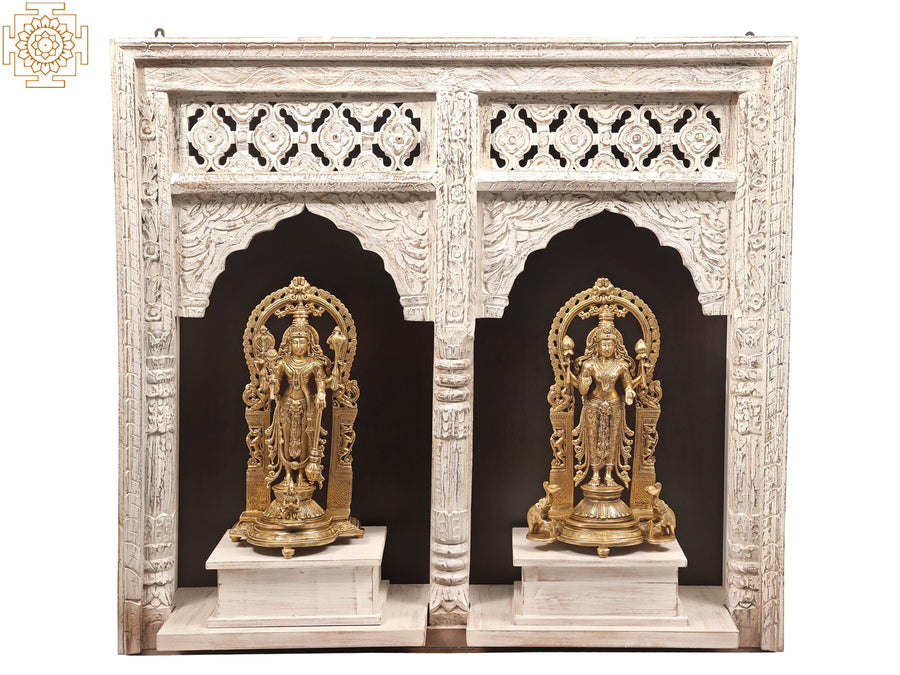 40" Standing Vishnu-Lakshmi Brass Statue with Wooden Wall-Hanging Temple