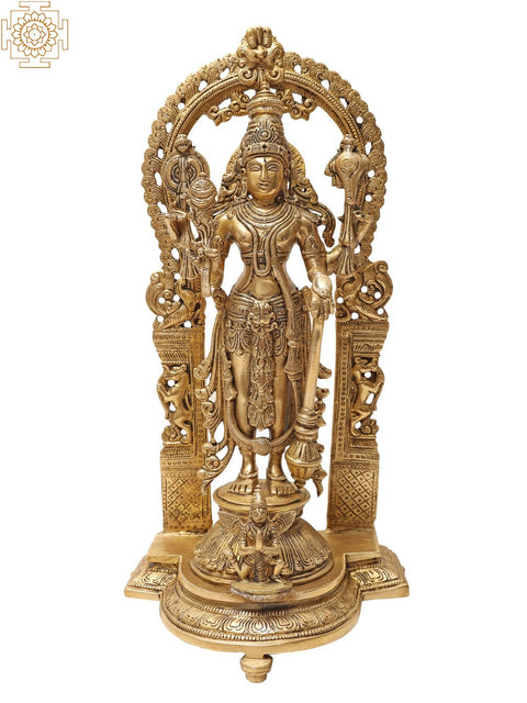 40" Standing Vishnu-Lakshmi Brass Idol with Wooden Wall-Hanging Temple - Handmade, Made in India