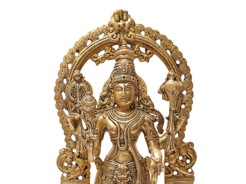 40" Standing Vishnu-Lakshmi Brass Idol with Wooden Wall-Hanging Temple - Handmade, Made in India