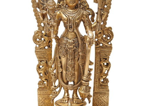 40" Standing Vishnu-Lakshmi Brass Idol with Wooden Wall-Hanging Temple - Handmade, Made in India