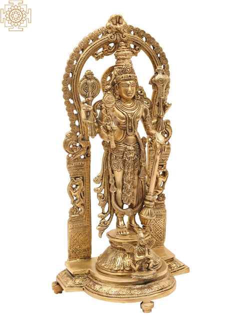 40" Standing Vishnu-Lakshmi Brass Idol with Wooden Wall-Hanging Temple - Handmade, Made in India
