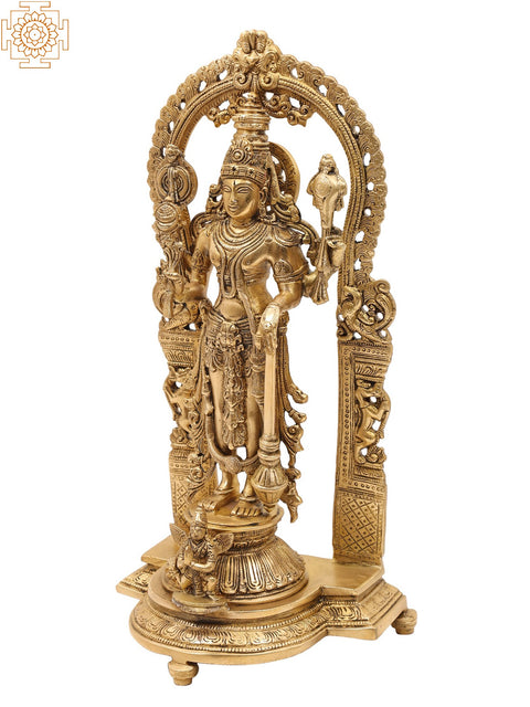 40" Standing Vishnu-Lakshmi Brass Idol with Wooden Wall-Hanging Temple - Handmade, Made in India