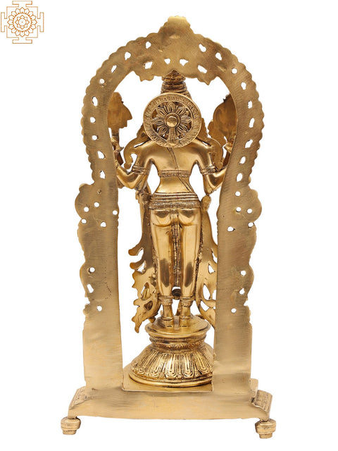 40" Standing Vishnu-Lakshmi Brass Idol with Wooden Wall-Hanging Temple - Handmade, Made in India