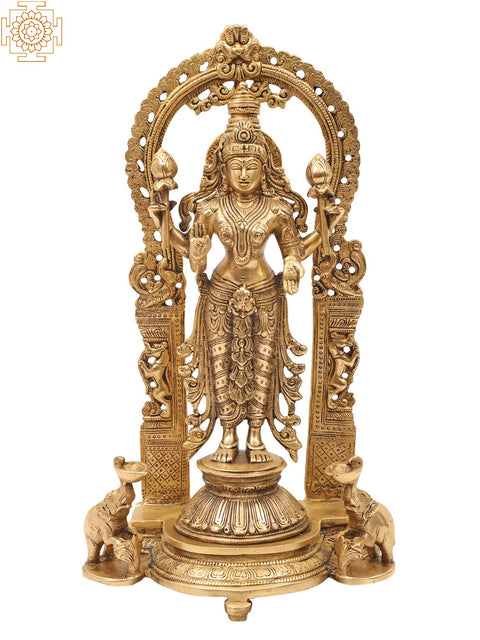 40" Standing Vishnu-Lakshmi Brass Idol with Wooden Wall-Hanging Temple - Handmade, Made in India