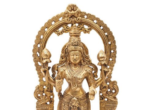 40" Standing Vishnu-Lakshmi Brass Idol with Wooden Wall-Hanging Temple - Handmade, Made in India